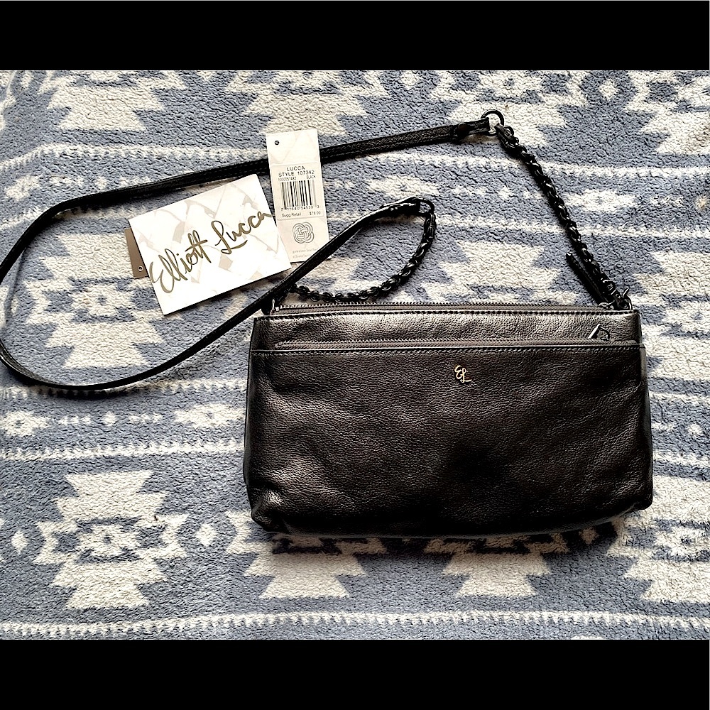NWT Elliot Lucca black leather clutch, crossbody, clutch purse w/chain strap